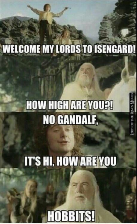 lord of the rings jokes - Welcome My Lords To Isengard! How High Are You?! No Gandalf, Lord Of The Rings Memies It'S Hi, How Are You Hobbits!