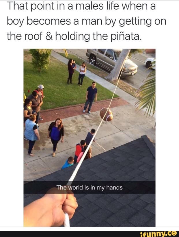funny mexican quotes - That point in a males life when a boy becomes a man by getting on the roof & holding the piata. The world is in my hands ifunny.co