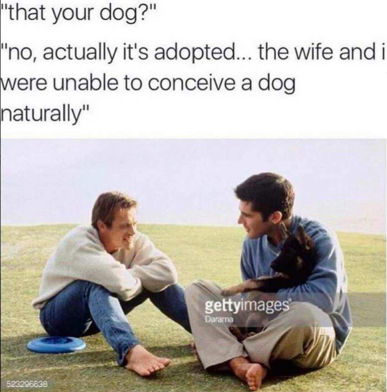 your dog no its adopted - that your dog?" "no, actually it's adopted... the wife and i were unable to conceive a dog naturally" gettyimages Darama 523298638