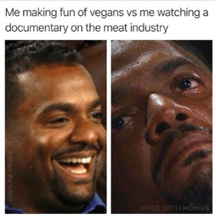 absurd memes - Me making fun of vegans vs me watching a documentary on the meat industry With Komus