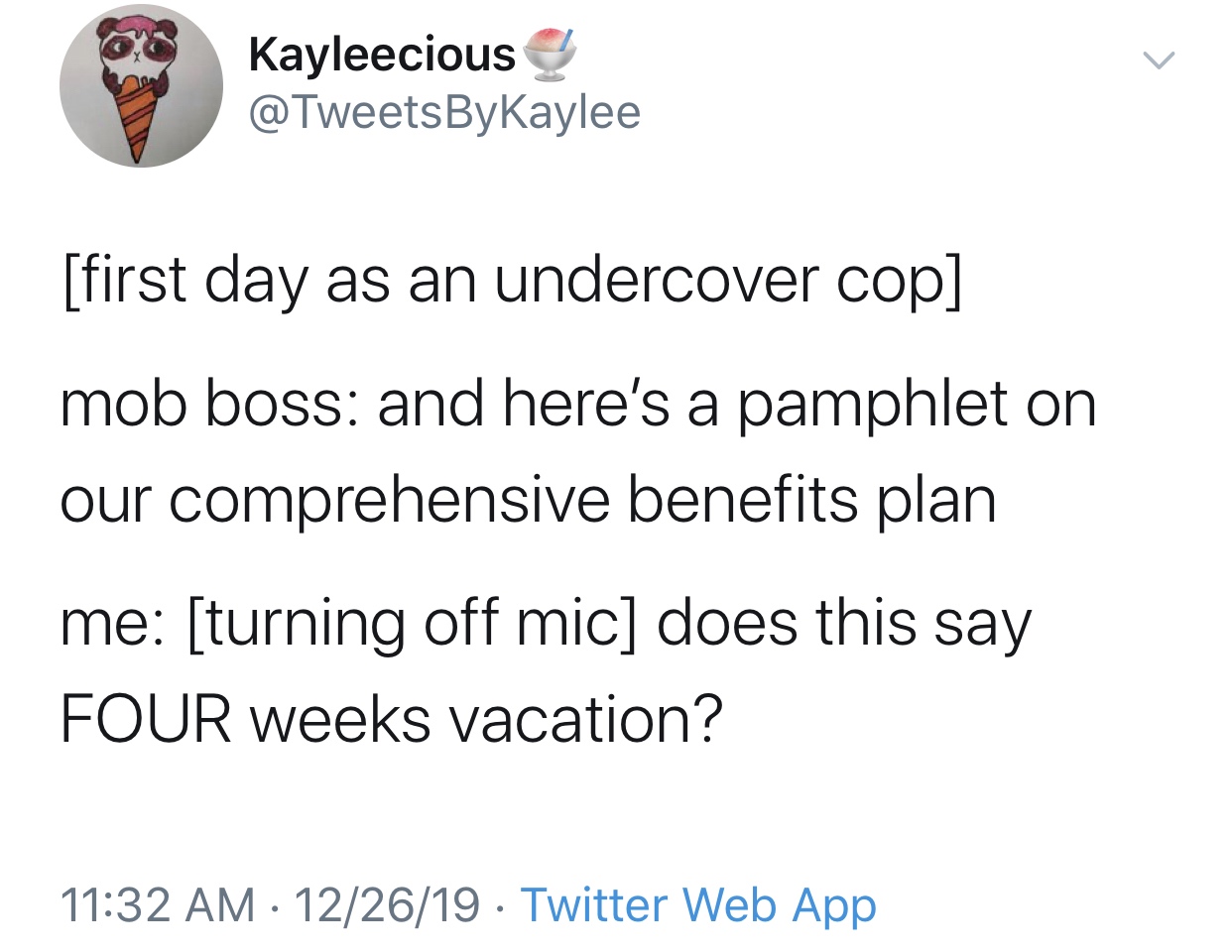 document - Kayleecious first day as an undercover cop mob boss and here's a pamphlet on our comprehensive benefits plan me turning off mic does this say Four weeks vacation? 122619 Twitter Web App
