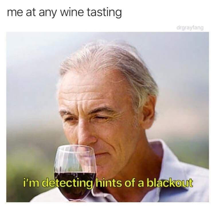 wine tasting meme - me at any wine tasting drgraylang i'm detecting hints of a blackout