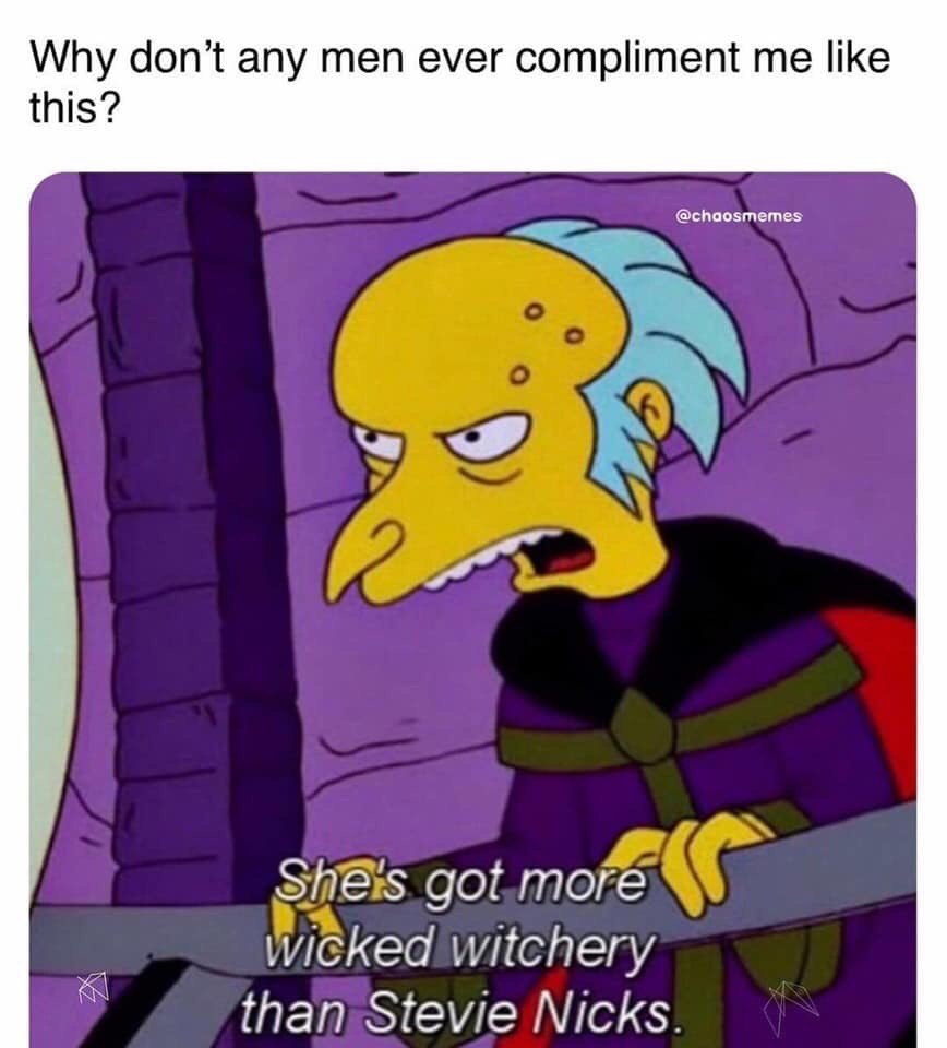 simpsons stevie nicks meme - Why don't any men ever compliment me this? She's got more wicked witchery than Stevie Nicks.