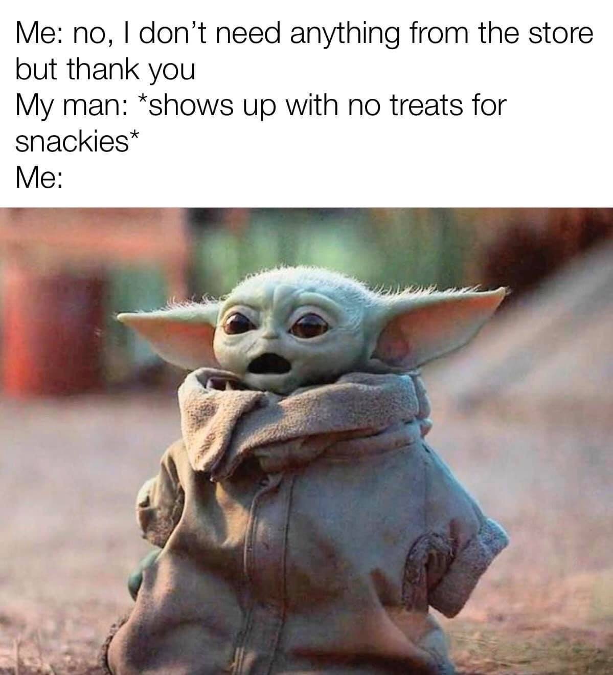 baby yoda obsession meme - Me no, I don't need anything from the store but thank you My man shows up with no treats for snackies Me