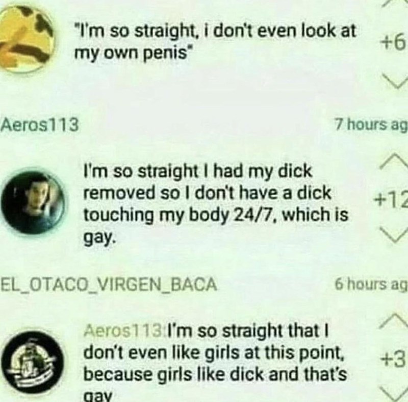document - "I'm so straight, i don't even look at my own penis 6 Aeros113 7 hours ag I'm so straight I had my dick removed so I don't have a dick touching my body 247, which is gay 12 EL_OTACO_VIRGEN_BACA 6 hours ag Gh Aeros113 I'm so straight that I don'