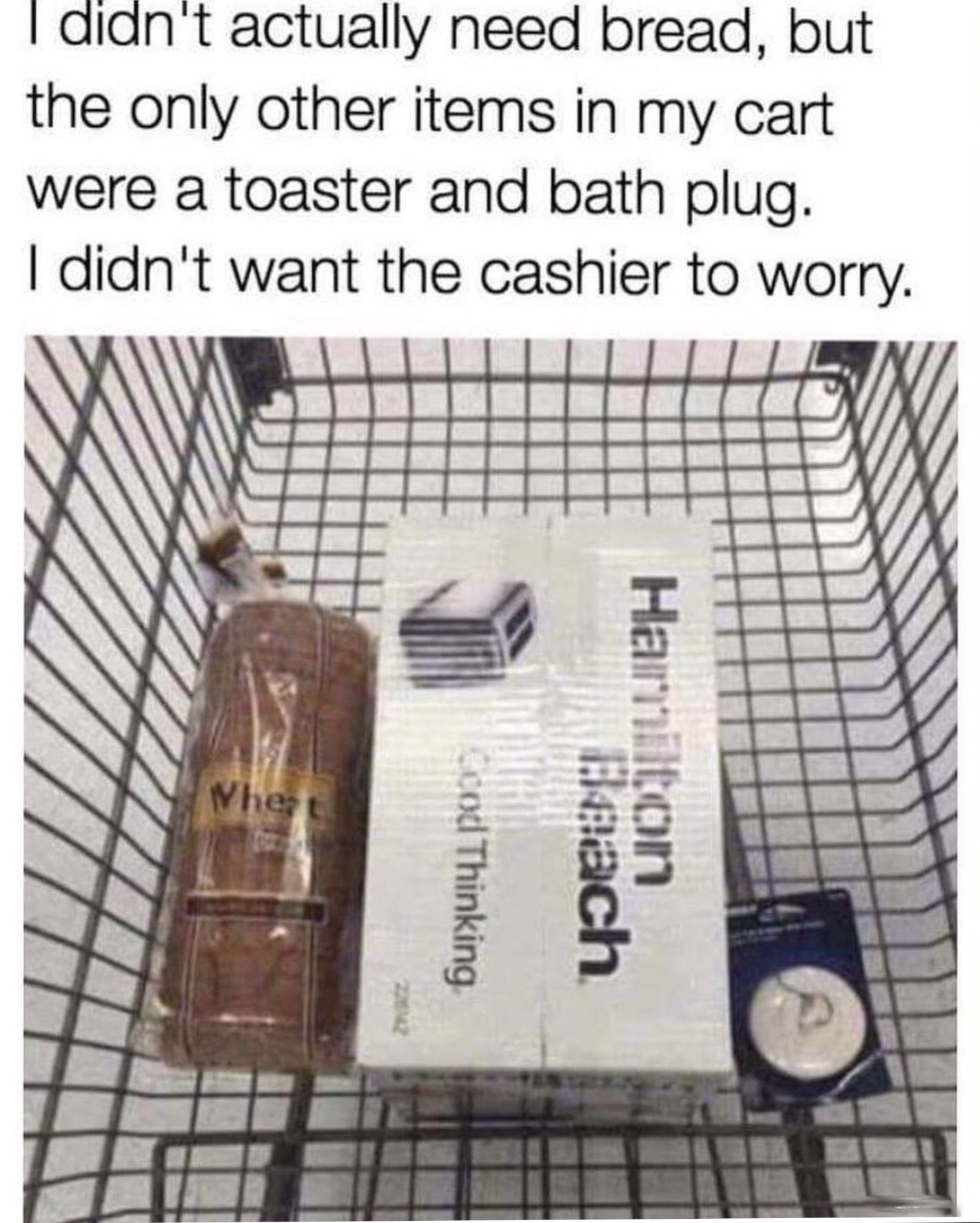 didn t want the cashier to worry - I didn't actually need bread, but the only other items in my cart were a toaster and bath plug. I didn't want the cashier to worry. Cood Thinking Hamilton Beach