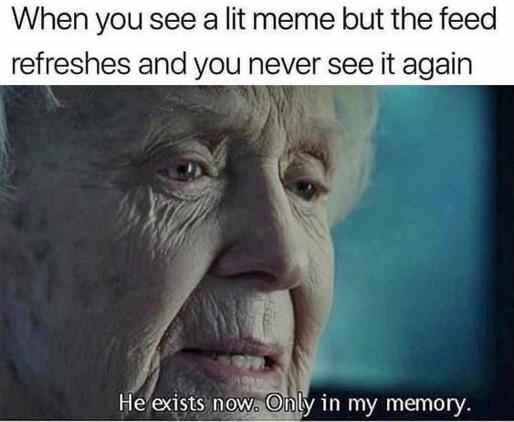 he exists now only in my memory meme - When you see a lit meme but the feed refreshes and you never see it again He exists now. Only in my memory.