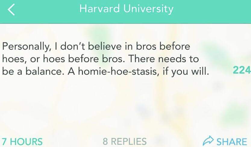 homie hoe stasis - Harvard University Personally, I don't believe in bros before hoes, or hoes before bros. There needs to be a balance. A homiehoestasis, if you will. 224 7 Hours 8 Replies