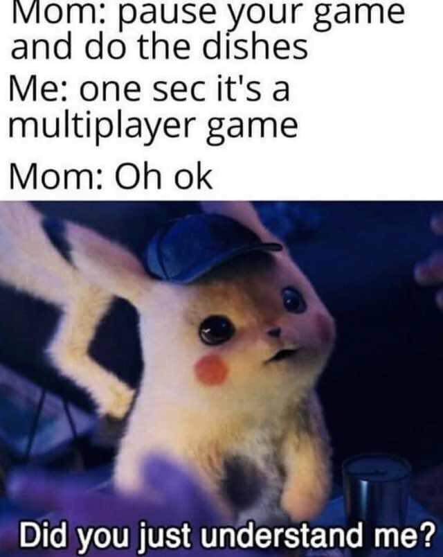 did you just understand me pikachu - Mom pause your game and do the dishes Me one sec it's a multiplayer game Mom Oh ok Did you just understand me?