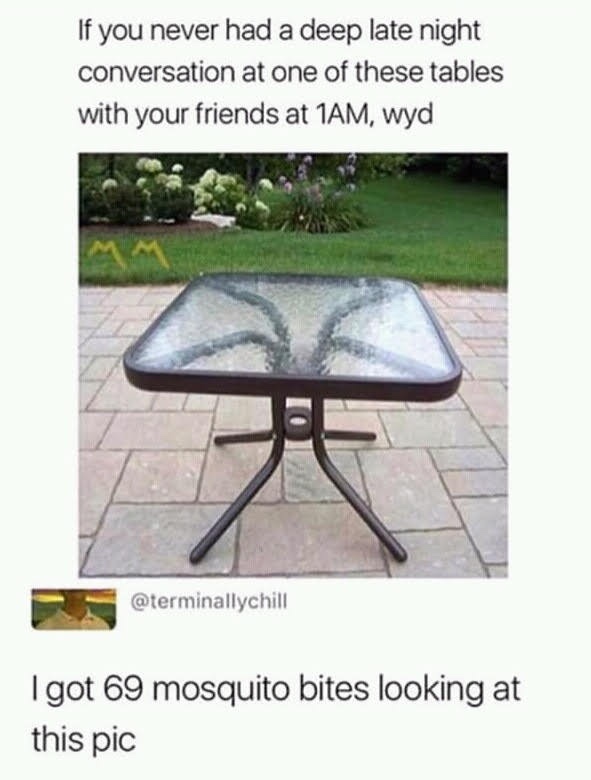 conversation table meme - If you never had a deep late night conversation at one of these tables with your friends at 1AM, wyd Igot 69 mosquito bites looking at this pic