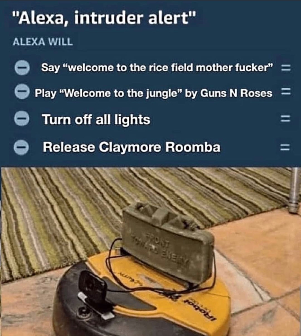 claymore roomba - "Alexa, intruder alert" Alexa Will Say "welcome to the rice field mother fucker" Play "Welcome to the jungle" by Guns N Roses Turn off all lights Release Claymore Roomba