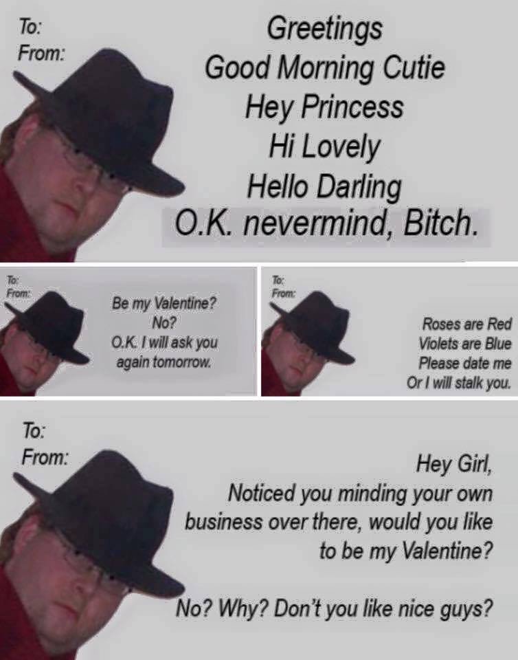 nice guy starter pack - To From Greetings Good Morning Cutie Hey Princess Hi Lovely Hello Darling O.K. nevermind, Bitch. From Be my Valentine? No? O.K I will ask you again tomorrow. Roses are Red Violets are Blue Please date me Or I will stalk you. From H