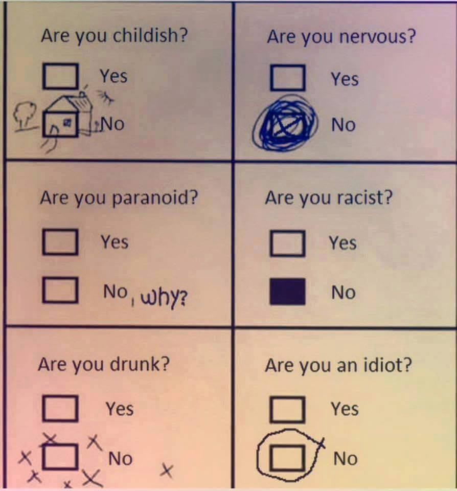 funniest ever - Are you childish? Are you nervous? Yes 20No No Are you racist? Are you paranoid? Yes D No, why? Yes No Are you drunk? O Yes Are you an idiot? Yes x x