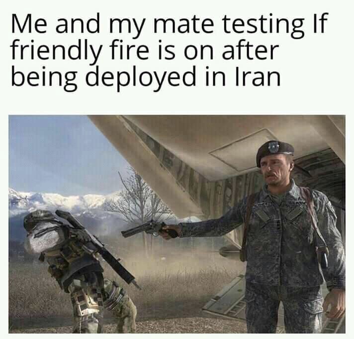 big luau memes - Me and my mate testing If friendly fire is on after being deployed in Iran