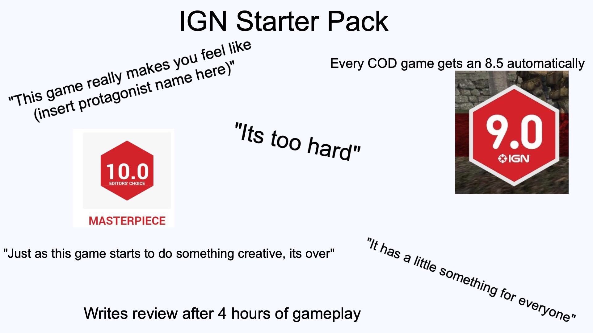 signage - Ign Starter Pack Every Cod game gets an 8.5 automatically "This game really makes you feel insert protagonist name here" "Its too hard" 19.0 Ign 10.0 Editors Choice Masterpiece "It has a little something for everyone" "Just as this game starts t