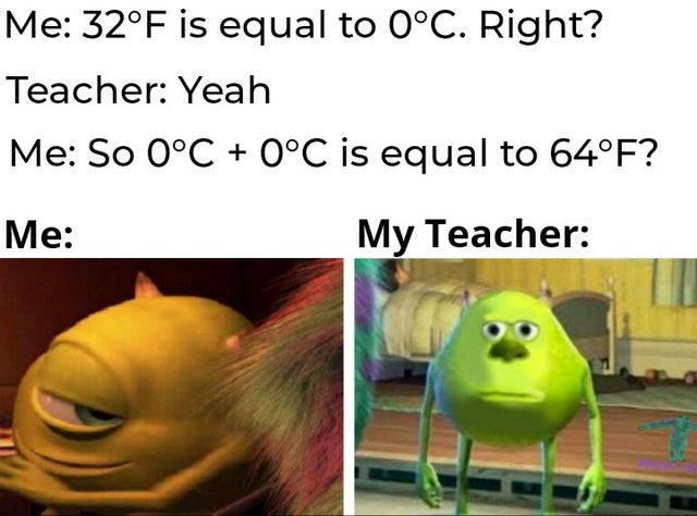 mike wazowski straight face - Me 32F is equal to 0C. Right? Teacher Yeah Me So 0C 0C is equal to 64F? Me My Teacher