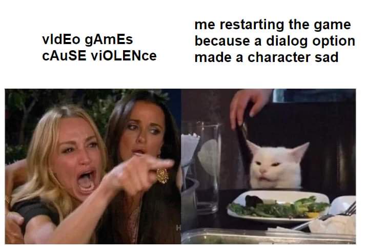 video games cause violence meme - vidEo gAmEs Cause VIOLENce me restarting the game because a dialog option made a character sad