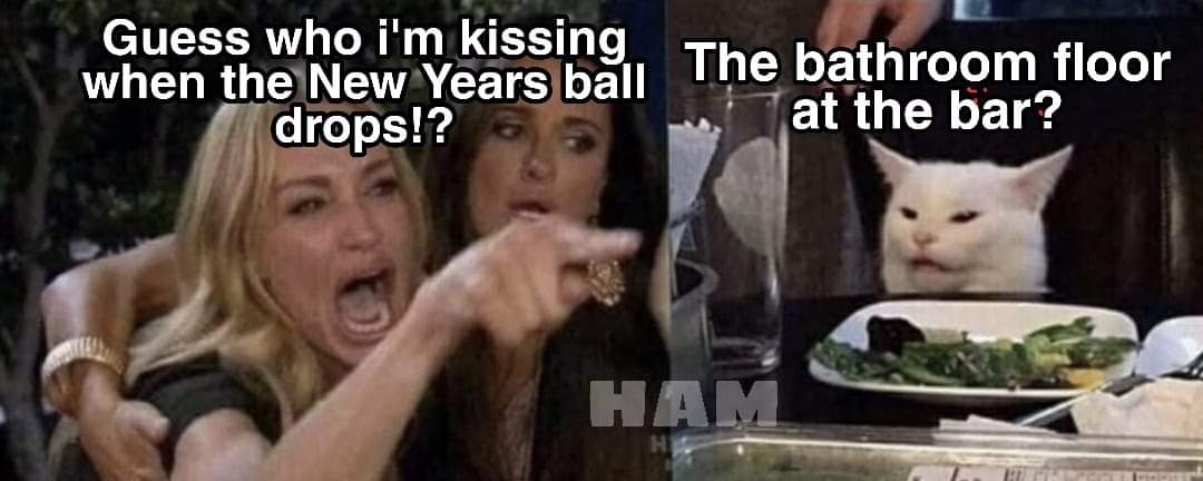 woman yelling at cat meme - Guess who i'm kissing when the New Years ball drops!? The bathroom floor at the bar?