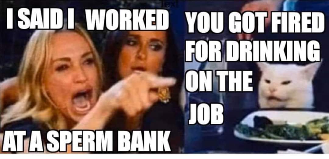 Internet meme - I Saidi Worked You Got Fired For Drinking On The Job At A Sperm Bank