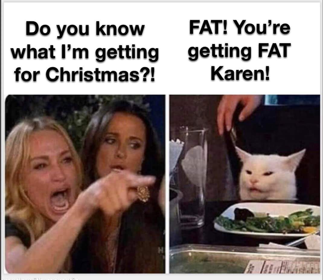 woman yelling at cat meme - Do you know what I'm getting for Christmas?! Fat! You're getting Fat Karen!
