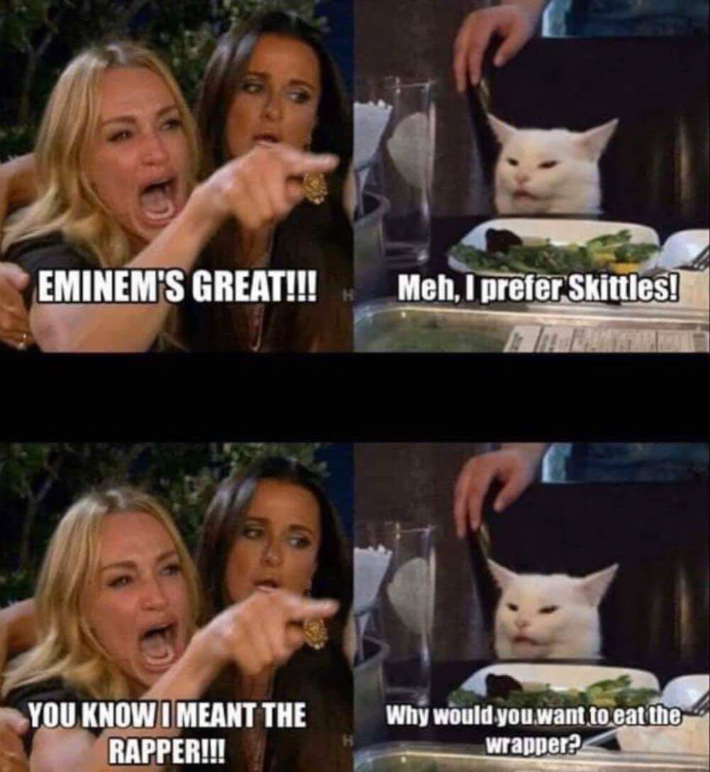 woman yelling at cat memes - Eminem'S Great!!! Meh, I prefer Skittles! You Know I Meant The Rapper!!! Why would you want to eat the wrapper?