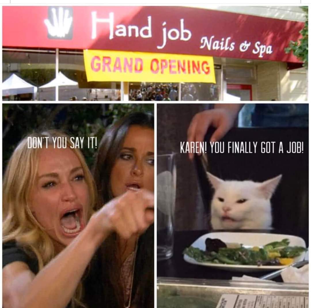 woman yelling at cat meme - Nm Hand job Nails or Spa Grand Opening Don'T You Say It! Karen! You Finally Got A Job!