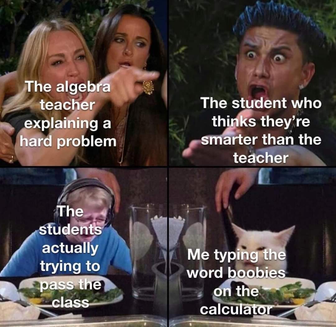 ms monopoly memes - The algebra teacher explaining a hard problem The student who thinks they're smarter than the teacher The students actually trying to pass the class Me typing the word boobies on the calculator