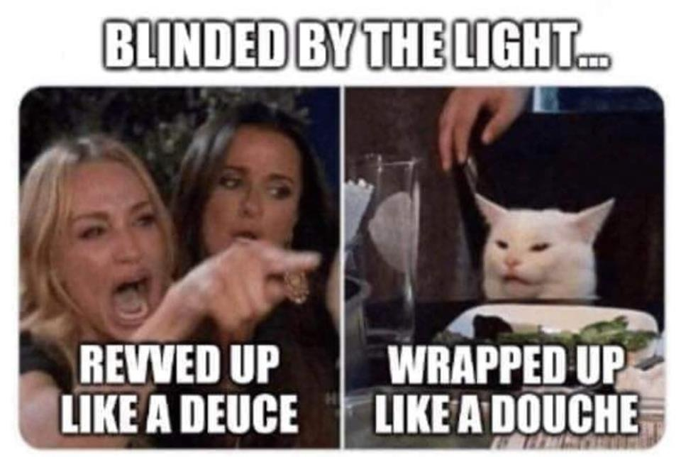 woman yelling at cat meme - Blinded By The Light. Revved Up A Deuce Wrapped Up A Douche
