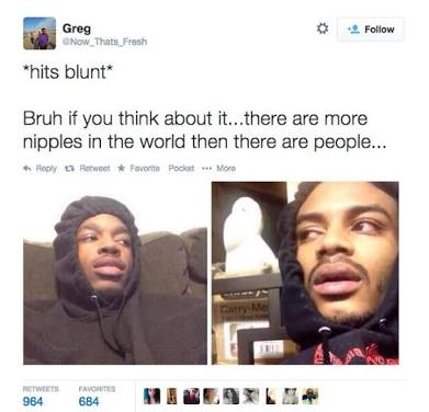 hits blunt memes - Greg Now Thats Fresh Greg hits blunt Bruh if you think about it...there are more nipples in the world then there are people... w a ve Pocket ... More