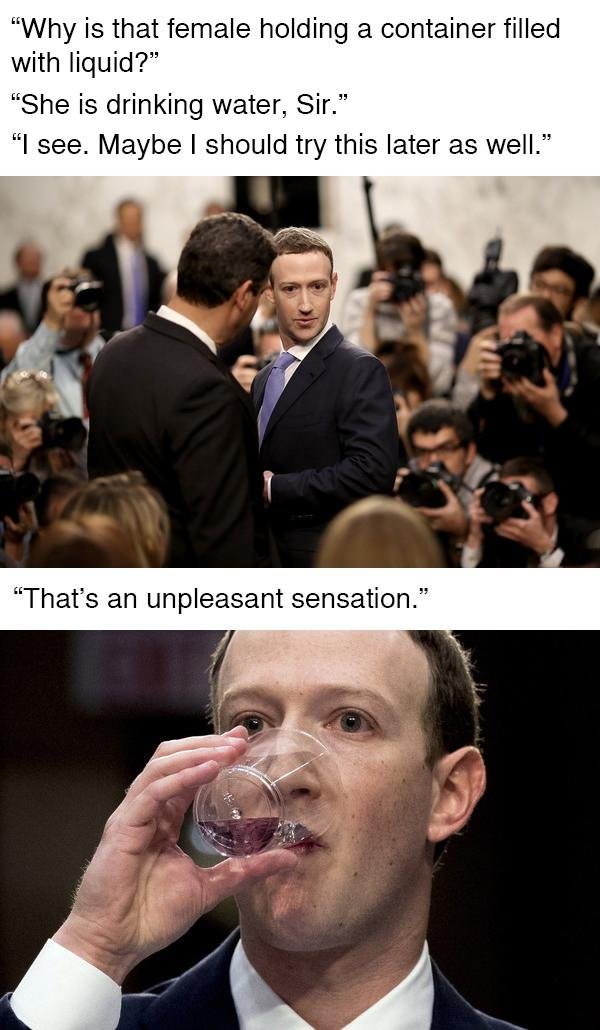 zucc meme - "Why is that female holding a container filled with liquid?" "She is drinking water, Sir." "I see. Maybe I should try this later as well." "That's an unpleasant sensation."