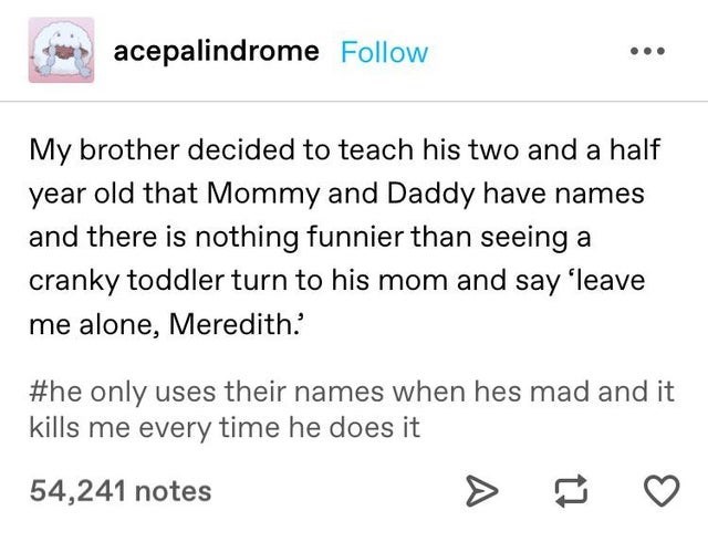 love happens quotes - acepalindrome My brother decided to teach his two and a half year old that Mommy and Daddy have names and there is nothing funnier than seeing a cranky toddler turn to his mom and say 'leave me alone, Meredith. only uses their names 
