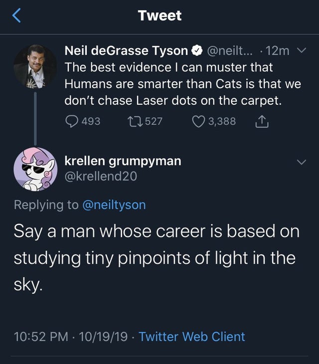 screenshot - Tweet Neil deGrasse Tyson ... 12m v The best evidence I can muster that 'Humans are smarter than Cats is that we don't chase Laser dots on the carpet. 9493 12527 3,388 1 krellen grumpyman Say a man whose career is based on studying tiny pinpo