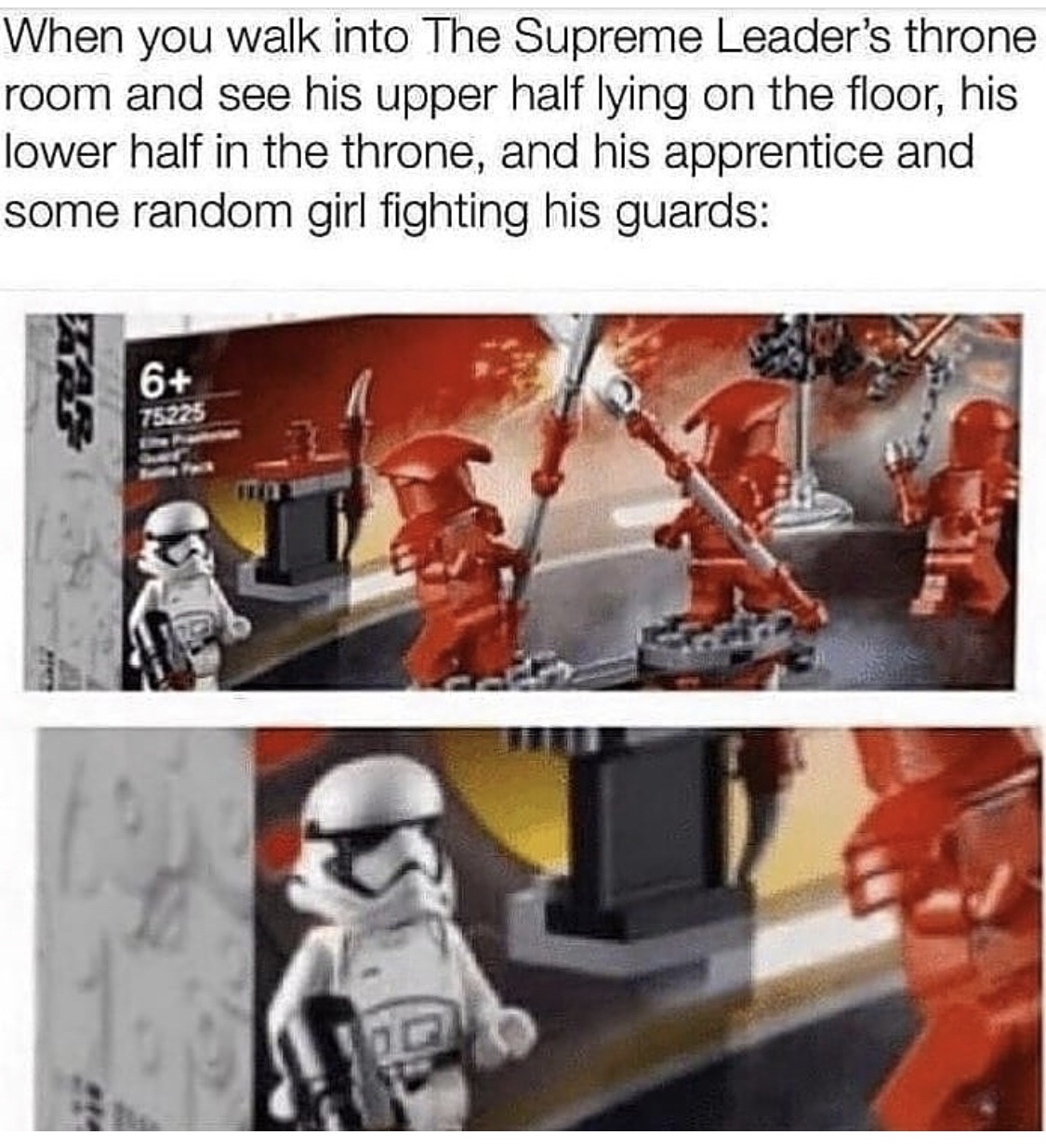 lego 75225 meme - When you walk into The Supreme Leader's throne room and see his upper half lying on the floor, his lower half in the throne, and his apprentice and some random girl fighting his guards 6