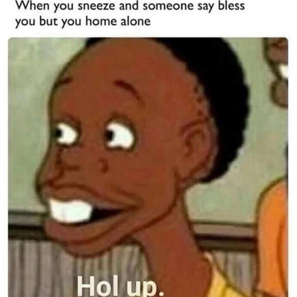 hol up meme sneeze - When you sneeze and someone say bless you but you home alone Hol up.