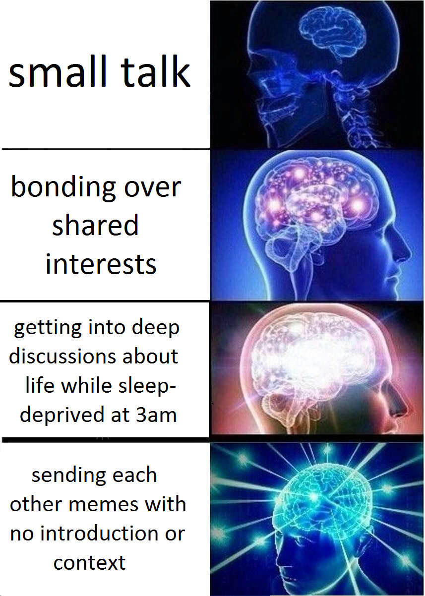 big brain memes - small talk bonding over d interests getting into deep discussions about life while sleep deprived at 3am sending each other memes with no introduction or context