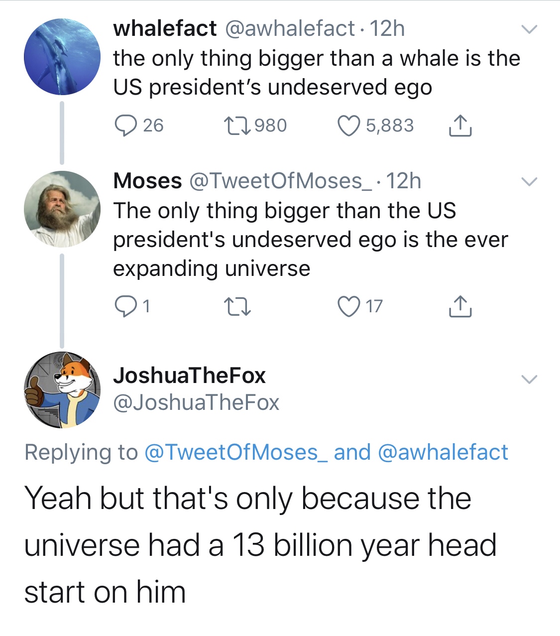 point - whalefact 12h the only thing bigger than a whale is the Us president's undeserved ego 226 22980 5,883 I Moses 12h The only thing bigger than the Us president's undeserved ego is the ever expanding universe 21 22 JoshuaTheFox and Yeah but that's on