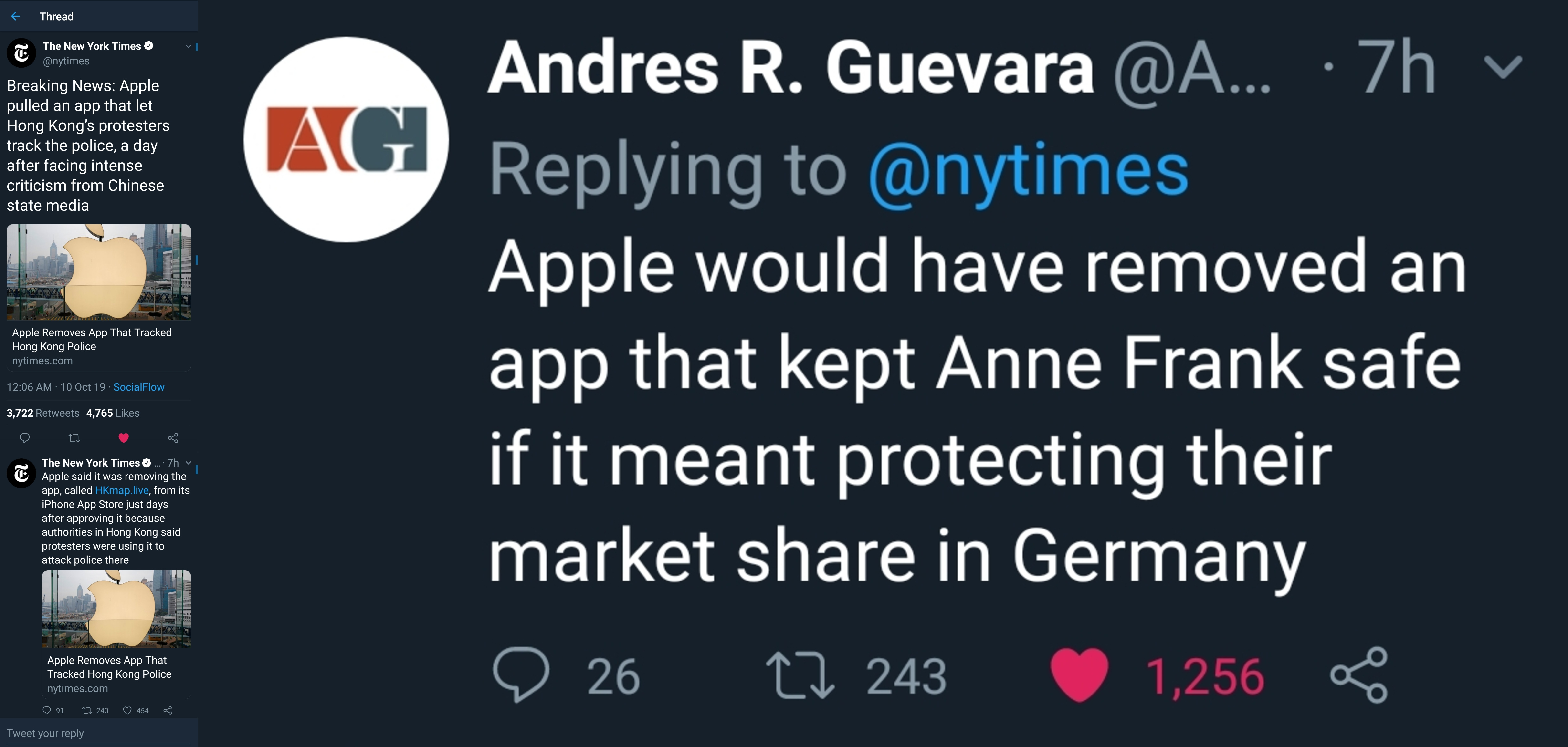 software - Howe Breaking News Apple pulled an app that hel Hong Kong protesters Agi after facing intense criticism from Chinese Andres R. Guevara ... .7h v Apple would have removed an app that kept Anne Frank safe if it meant protecting their market in Ge