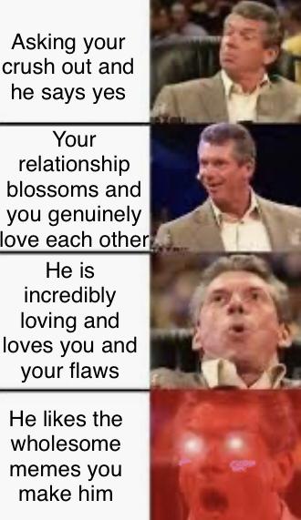 vince mcmahon meme - Asking your crush out and he says yes Your relationship blossoms and you genuinely love each other He is incredibly loving and loves you and your flaws He the wholesome memes you make him