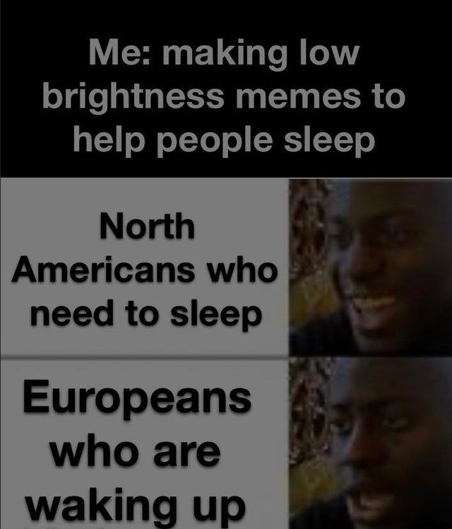 human - Me making low brightness memes to help people sleep North Americans who need to sleep Europeans who are waking up