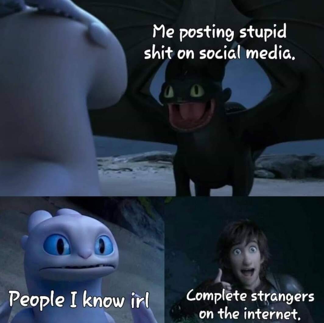 Me posting stupid shit on social media. People I know irl Complete strangers on the internet.