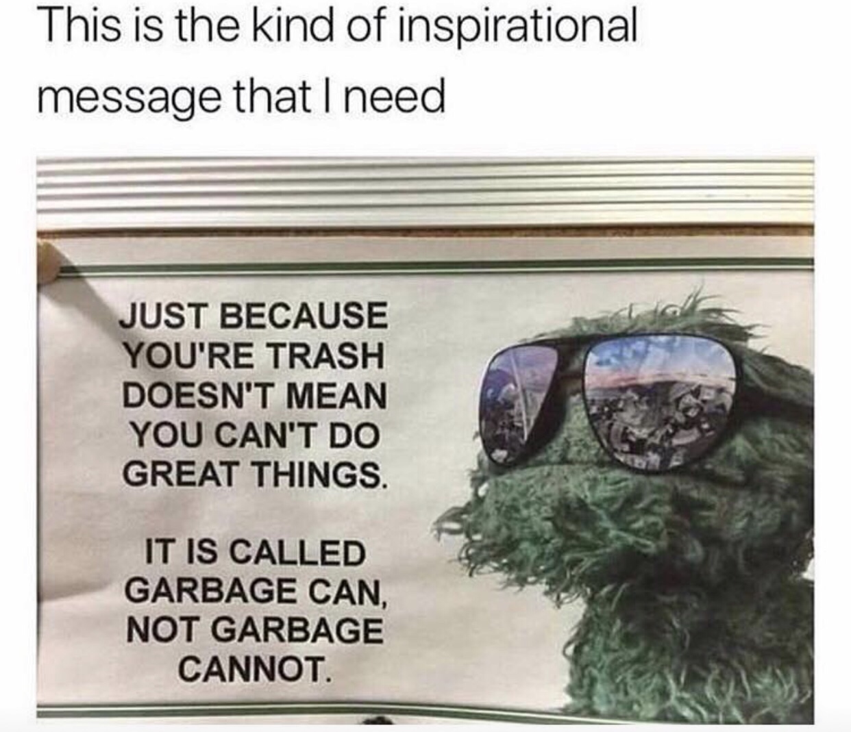 just because you re trash meme - This is the kind of inspirational message that I need Just Because You'Re Trash Doesn'T Mean You Can'T Do Great Things. It Is Called Garbage Can, Not Garbage Cannot.