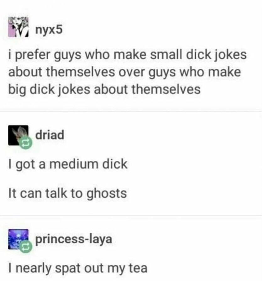 Joke - nyx5 i prefer guys who make small dick jokes about themselves over guys who make big dick jokes about themselves driad I got a medium dick It can talk to ghosts princesslaya I nearly spat out my tea