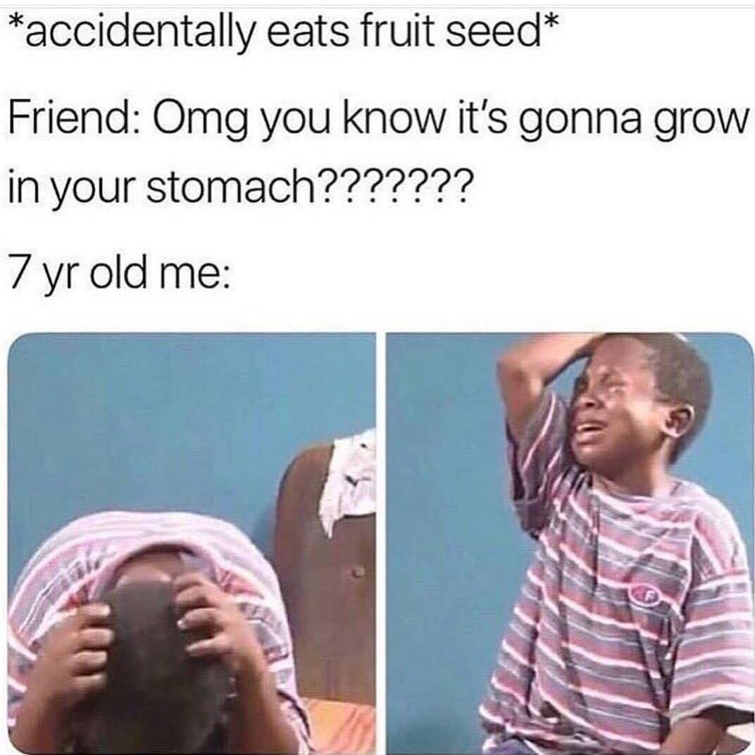 accidentally eats fruit seed meme - accidentally eats fruit seed Friend Omg you know it's gonna grow in your stomach??????? 7 yr old me