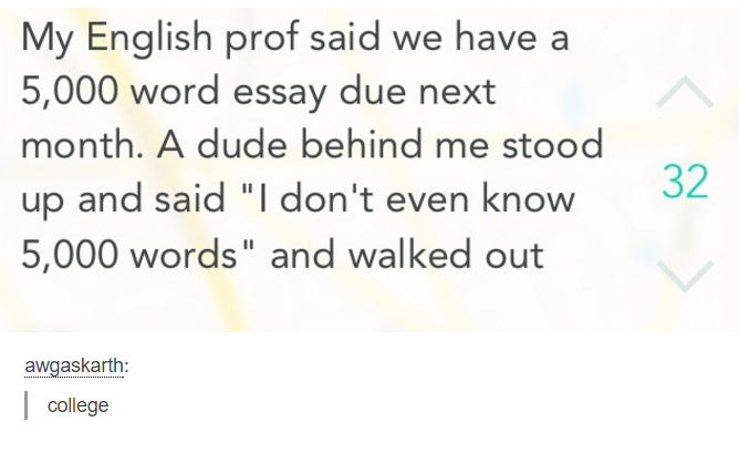 essay memes - My English prof said we have a 5,000 word essay due next month. A dude behind me stood up and said "I don't even know 5,000 words" and walked out awgaskarth college