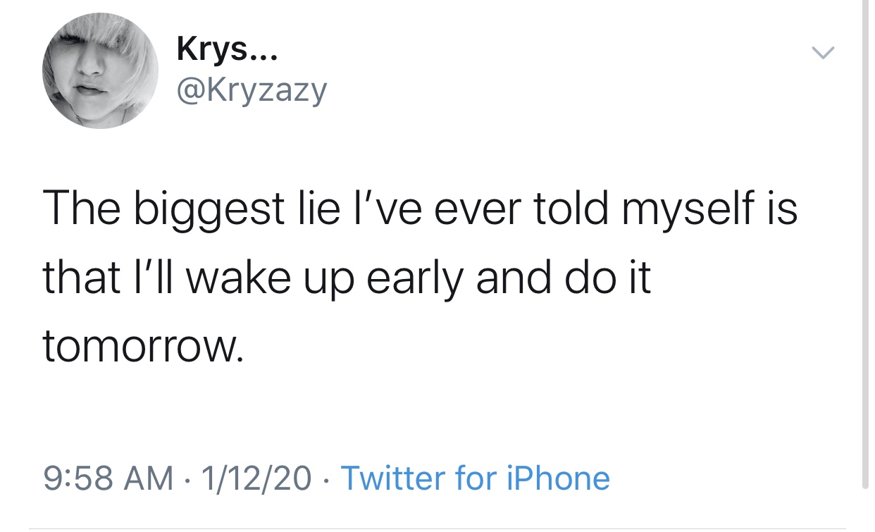 Humour - Krys... The biggest lie l've ever told myself is that I'll wake up early and do it tomorrow. 11220 Twitter for iPhone