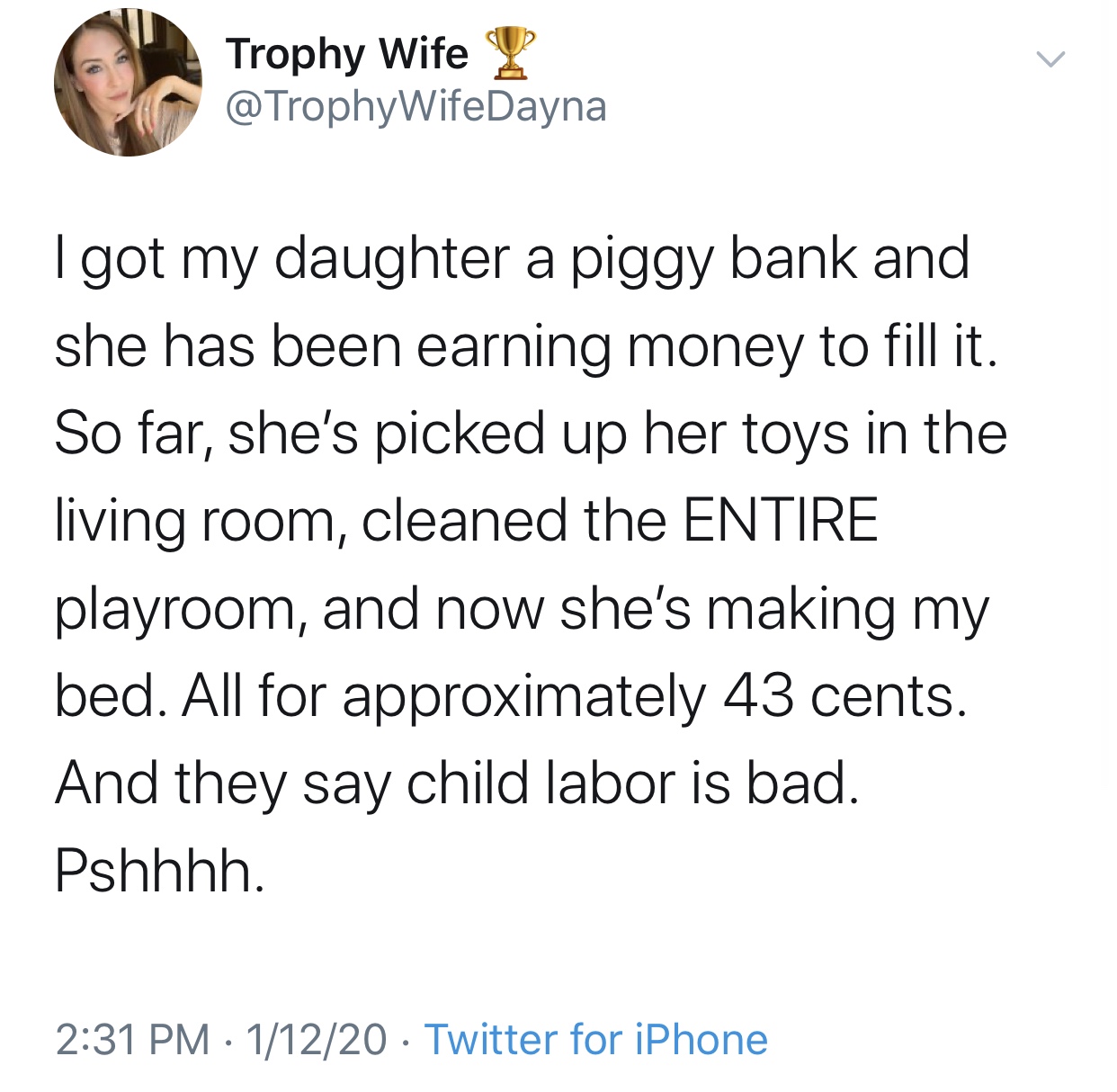 nihilist arbys - Trophy Wife Y I got my daughter a piggy bank and she has been earning money to fill it. So far, she's picked up her toys in the living room, cleaned the Entire playroom, and now she's making my bed. All for approximately 43 cents. And the
