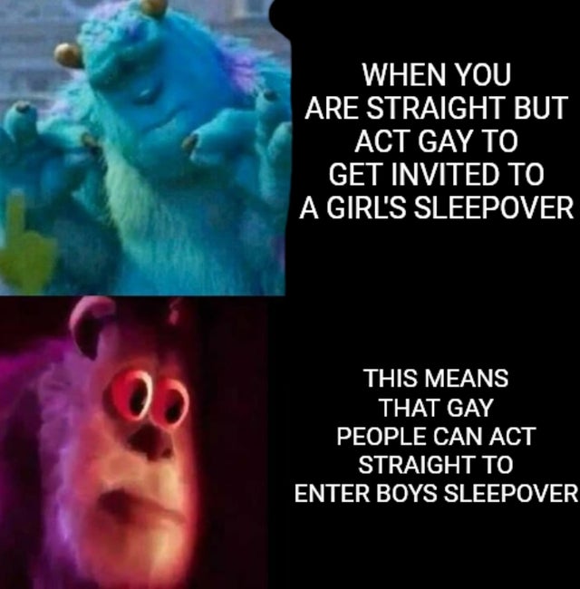 Internet meme - When You Are Straight But Act Gay To Get Invited To A Girl'S Sleepover This Means That Gay People Can Act Straight To Enter Boys Sleepover