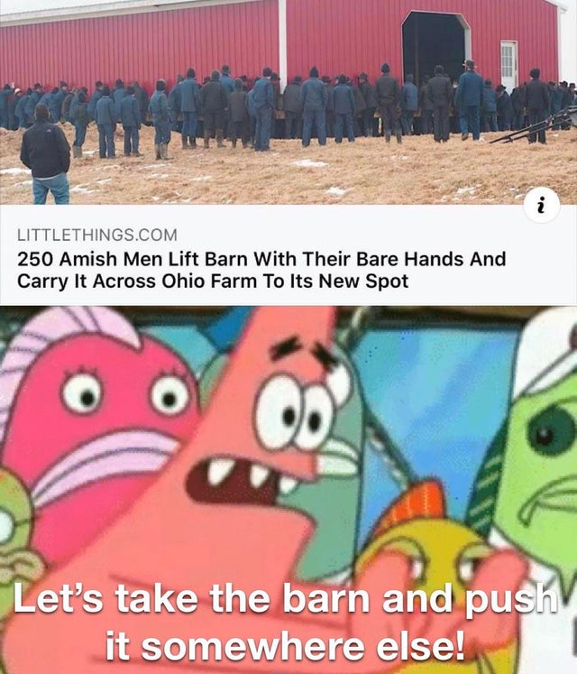 don t we take bikini bottom - Littlethings.Com 250 Amish Men Lift Barn With Their Bare Hands And Carry It Across Ohio Farm To Its New Spot Let's take the barn and push it somewhere else!