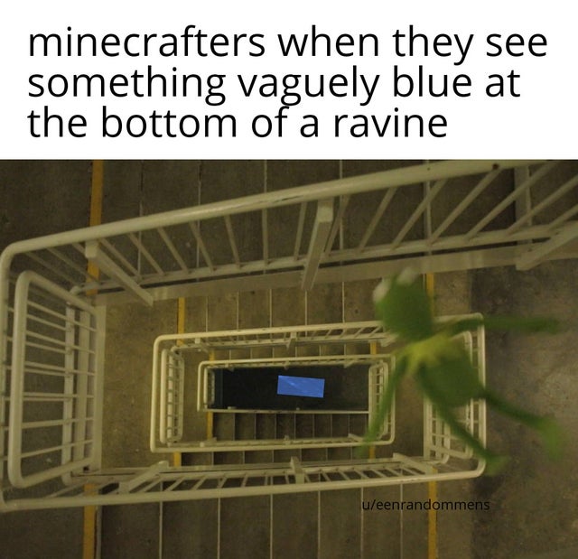 kermit falling down stairwell - minecrafters when they see something vaguely blue at the bottom of a ravine ueenrandommens