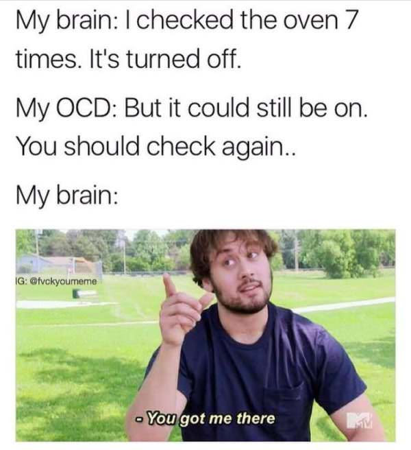 you got me there meme - My brain I checked the oven 7 times. It's turned off. My Ocd But it could still be on. You should check again.. My brain Ig You got me there